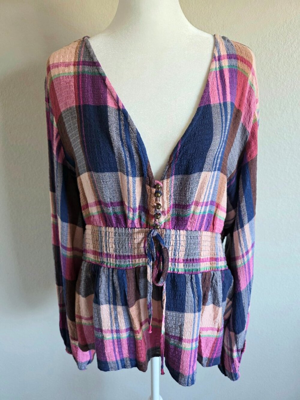 Pilcro Anthropologie Top Boho Plaid Deep V Neck Smocked Peplum Blouse Size XL